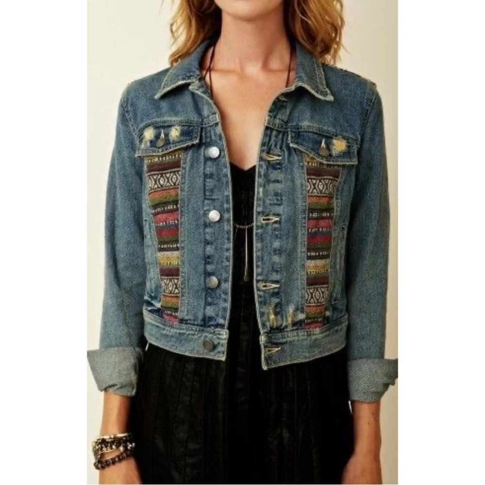 FREE PEOPLE Women’s Baja Distressed Embroidered Denim Jean Jacket Size 2 - Picture 1 of 9